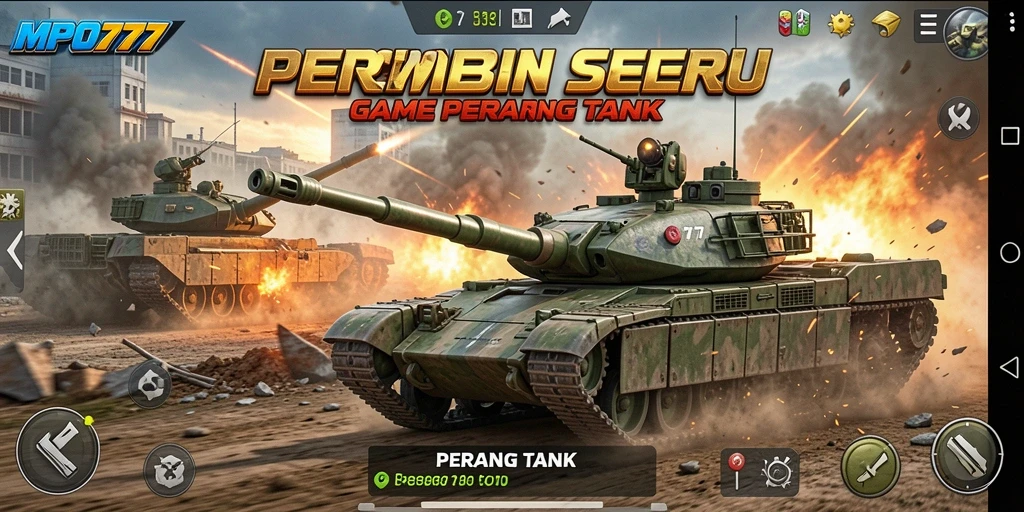 Screenshot MPO777 menampilkan pertempuran tank yang intens dengan grafis berkualitas tinggi.