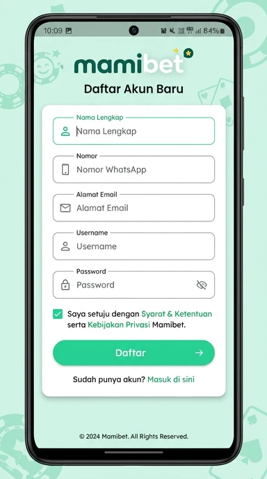 Tampilan halaman daftar mamibet